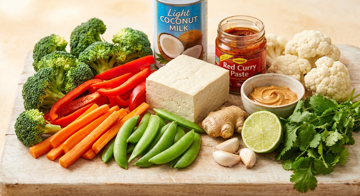 Zutaten für Thai-Gemüse-Curry mit Kokosmilch und Tofu