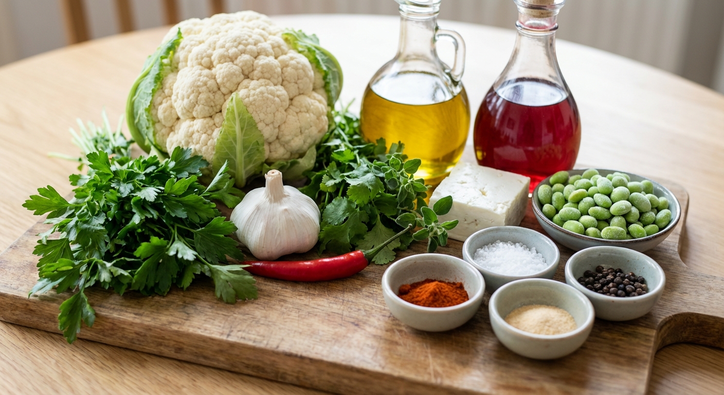 Zutaten für Blumenkohl-Steaks mit Kräuter-Chimichurri und Edamame