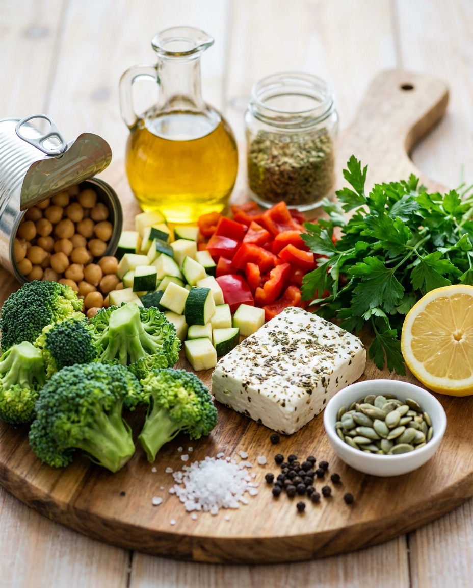 Zutaten für Warmer Kichererbsen-Salat mit geröstetem Gemüse
