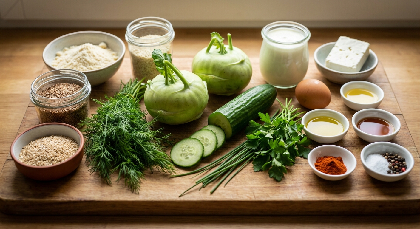 Zutaten für Kohlrabi-Schnitzel mit Gurkensalat und Kräuter-Dip