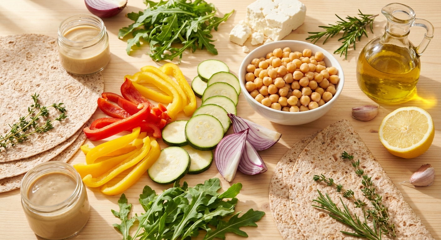 Zutaten für Kichererbsen-Wrap mit Hummus und Ofengemüse