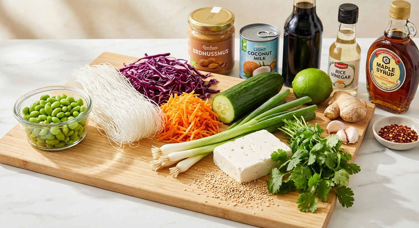 Zutaten für Edamame-Glasnudel-Bowl mit Erdnuss-Dressing