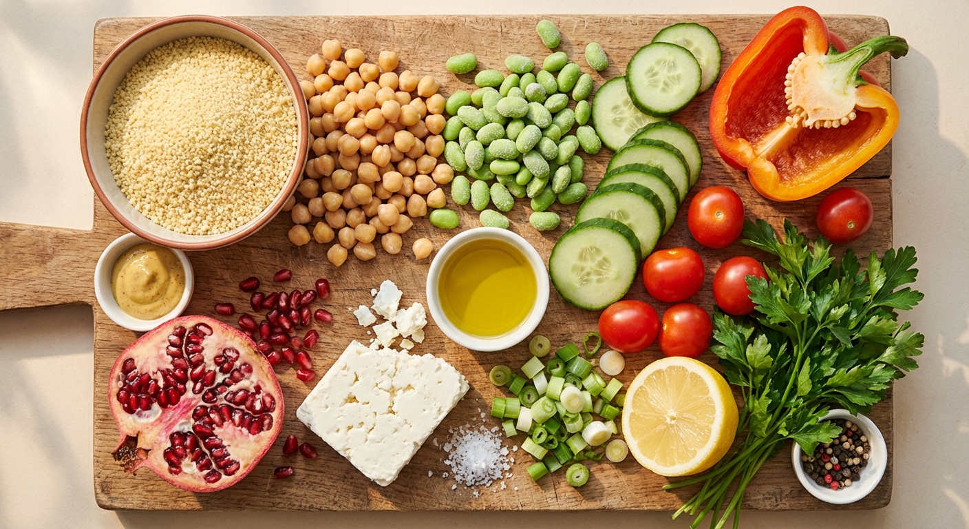 Zutaten für Protein-Couscous-Salat mit Kräuter-Feta und Granatapfel