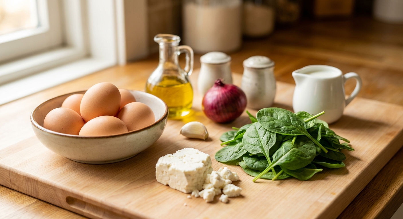 Zutaten für Protein-Rührei mit Spinat und Feta