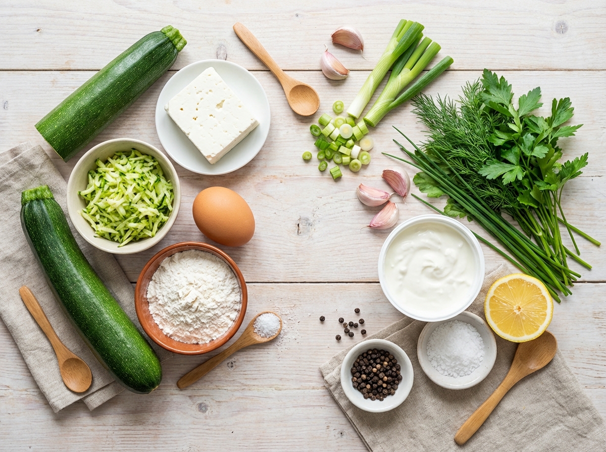 Zutaten für Zucchini-Puffer mit Kräuterquark