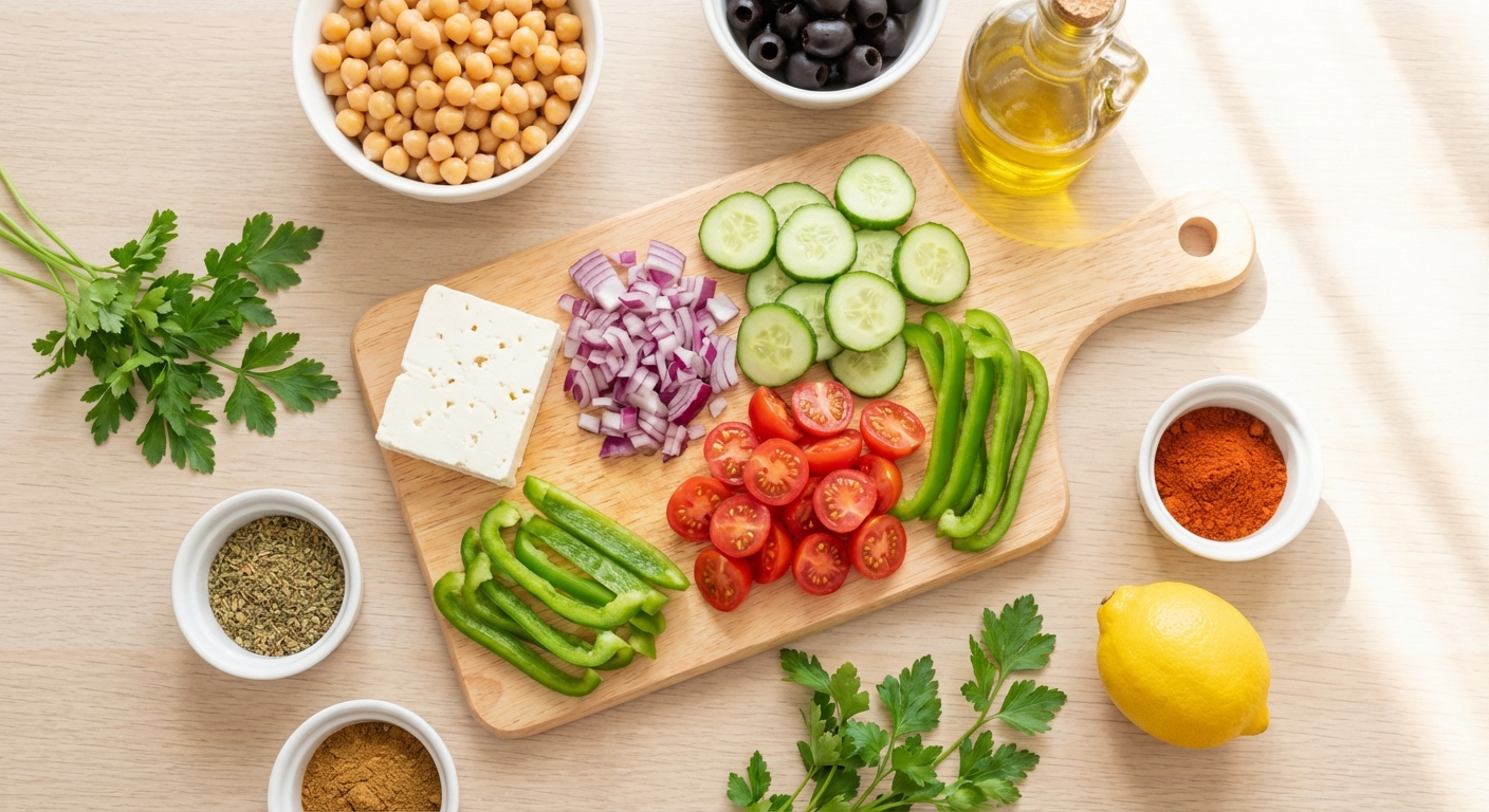 Zutaten für Griechischer Bauernsalat mit gerösteten Kichererbsen