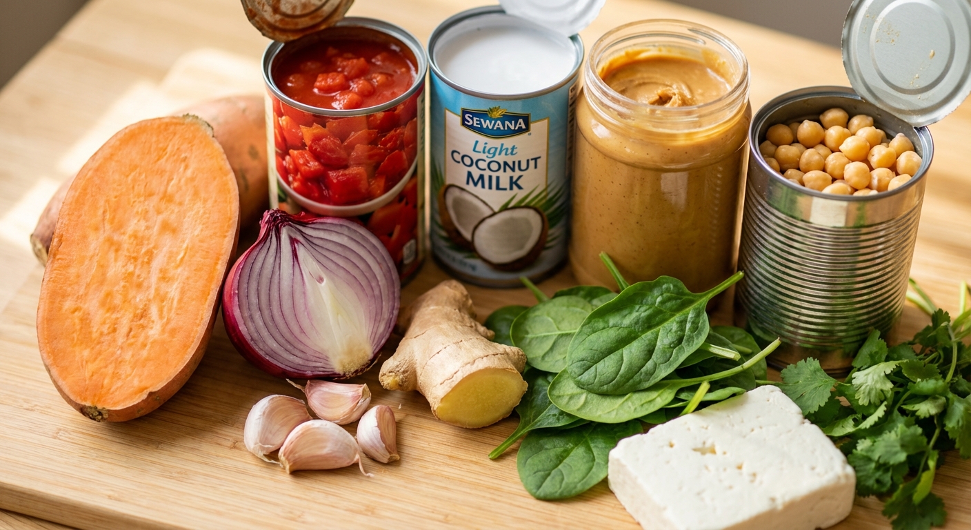 Zutaten für Süßkartoffel-Erdnuss-Eintopf