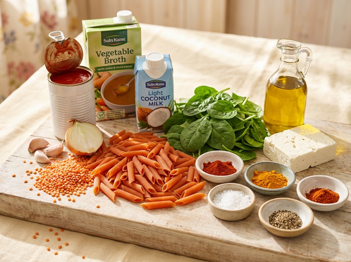 Zutaten für One-Pot Rote-Linsen-Pasta mit Spinat