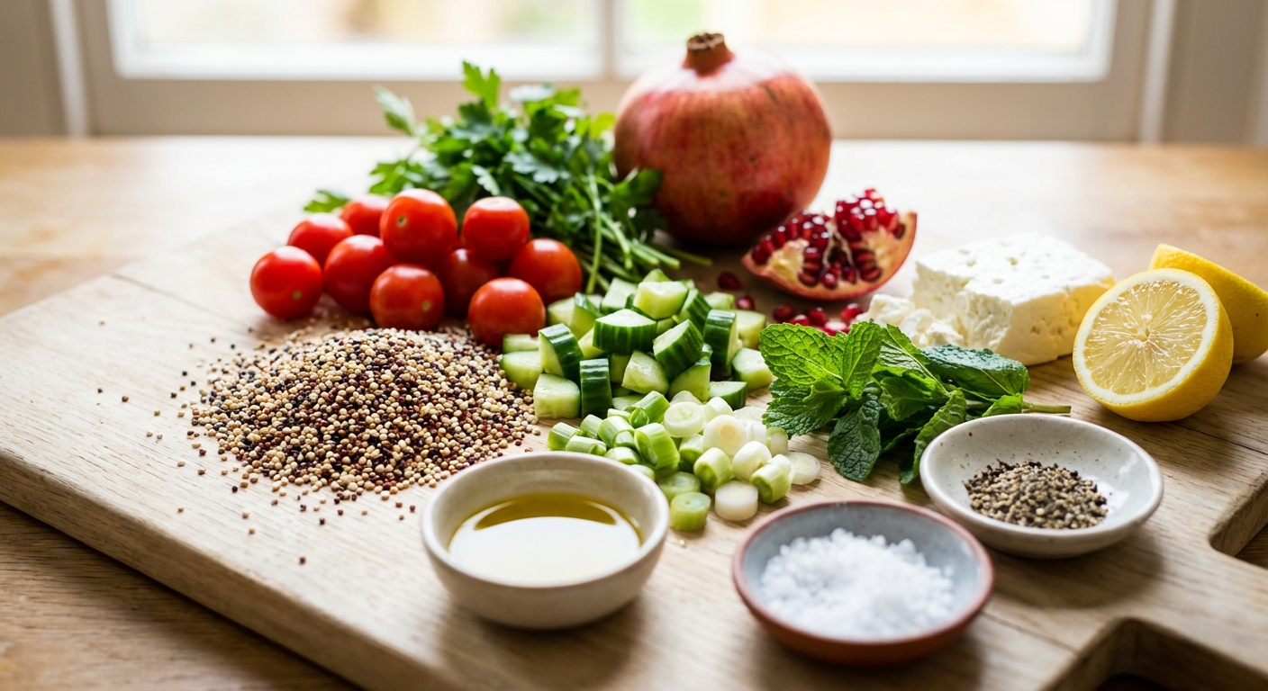 Zutaten für Quinoa-Tabouleh mit Granatapfel und Feta