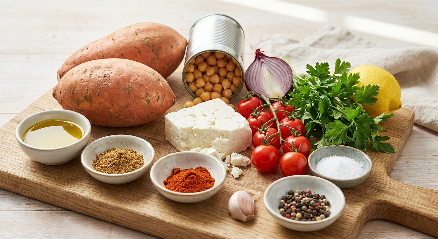 Zutaten für Gebackene Süßkartoffel mit Kichererbsen-Feta-Topping