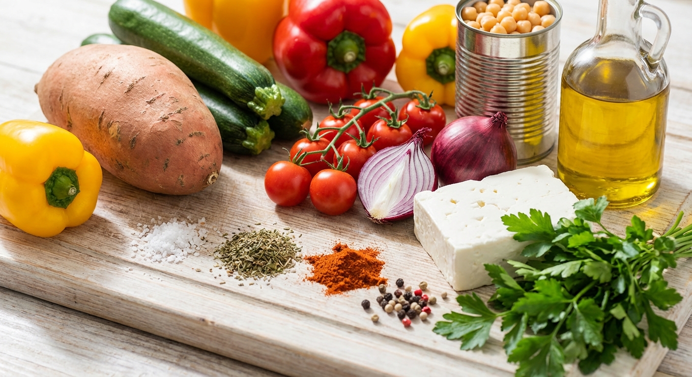 Zutaten für Ofengemüse-Platte mit überbackenem Feta