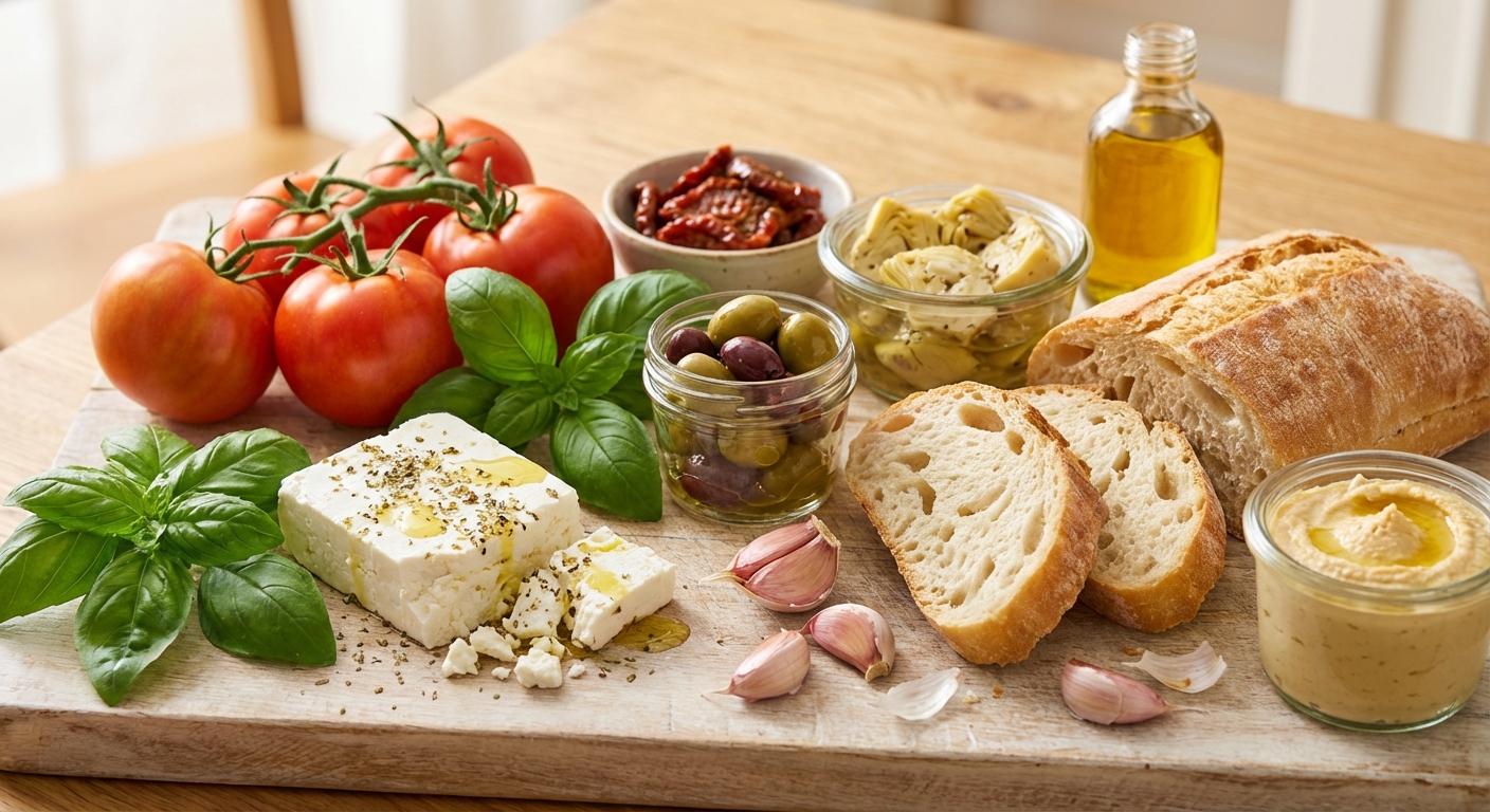 Zutaten für Italienische Antipasti-Platte mit Bruschetta und Feta-Caprese