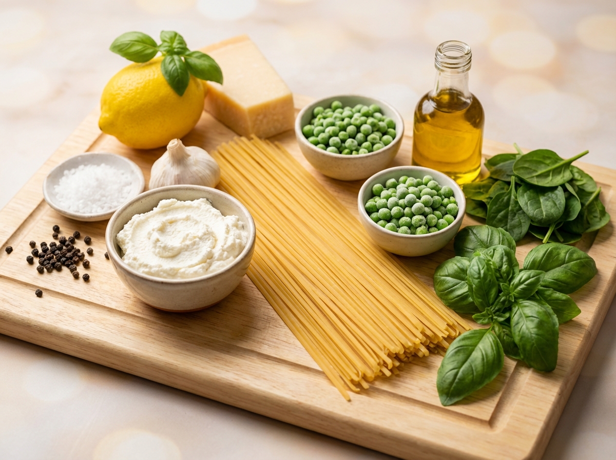 Zutaten für Cremige Zitronen-Ricotta-Pasta mit Erbsen und Spinat