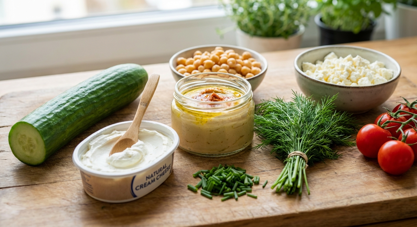 Zutaten für Leichte Gurken-Schiffchen mit Frischkäse und Hummus