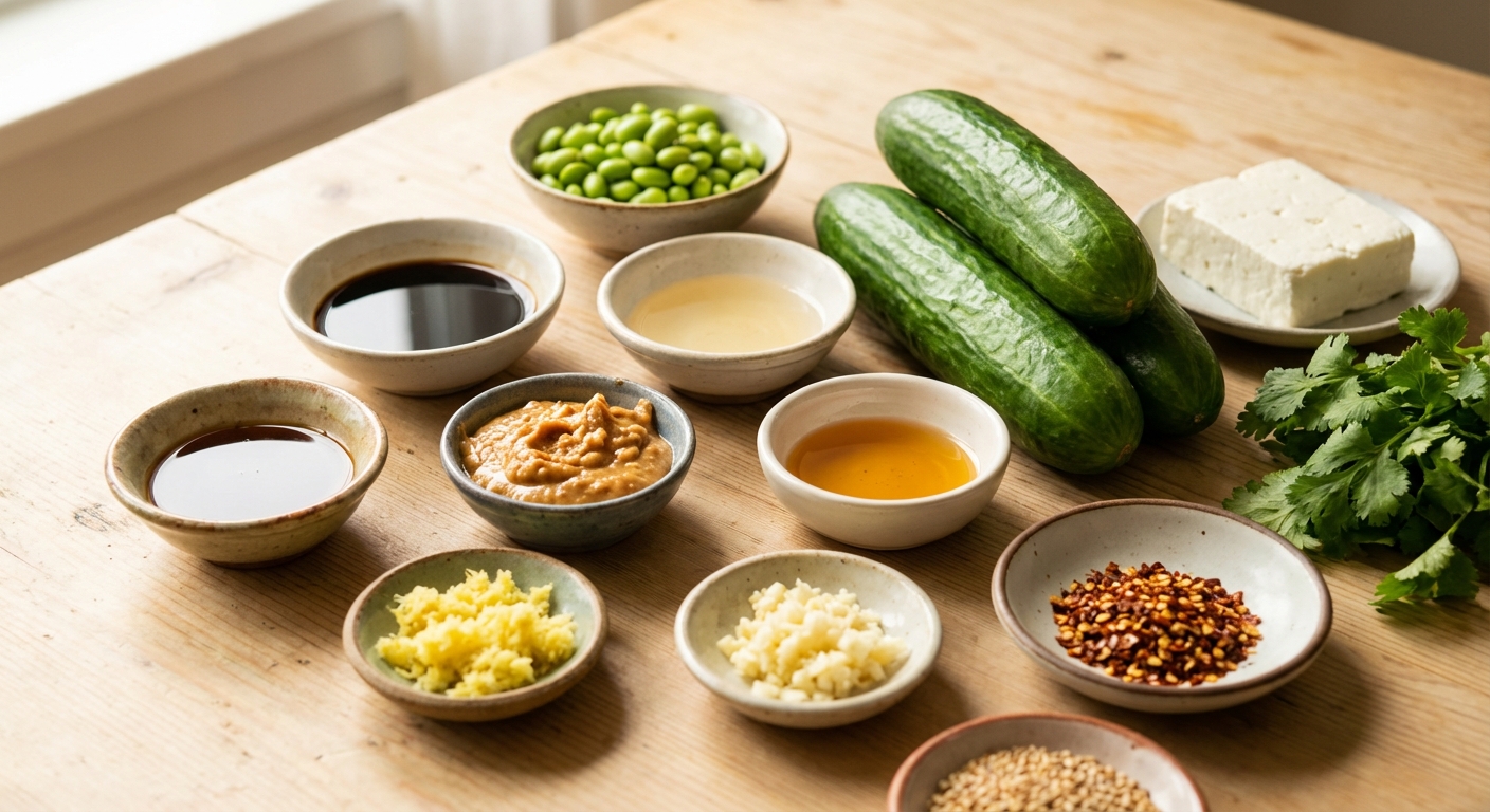 Zutaten für Asia-Gurkensalat Smashed Cucumber Style