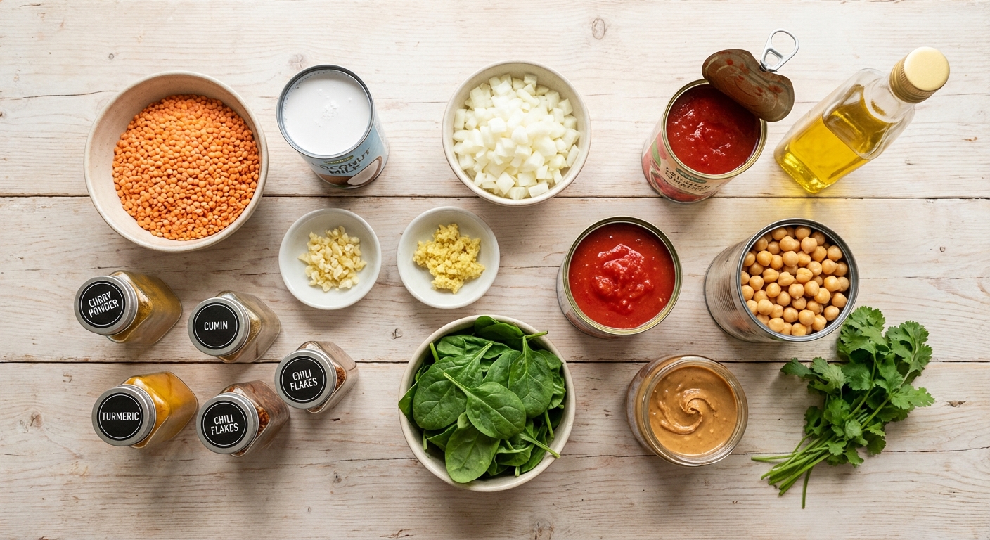 Zutaten für Indisches Linsen Dal mit Kokosmilch