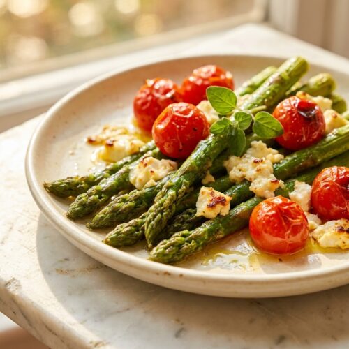 Grüner Spargel aus dem Ofen mit Feta und Kirschtomaten