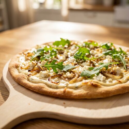 Vegetarischer Flammkuchen mit Schmand und Rucola