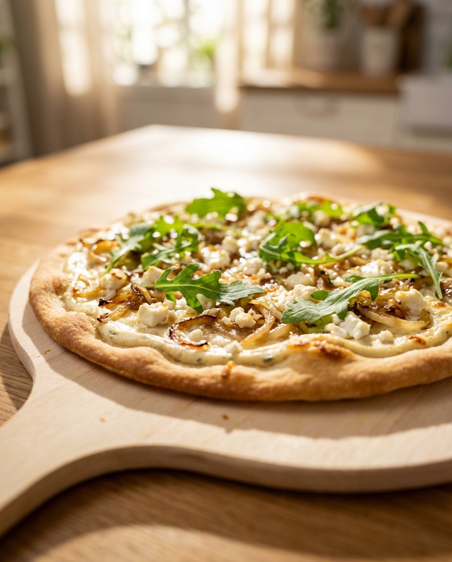 Vegetarischer Flammkuchen mit Schmand und Rucola