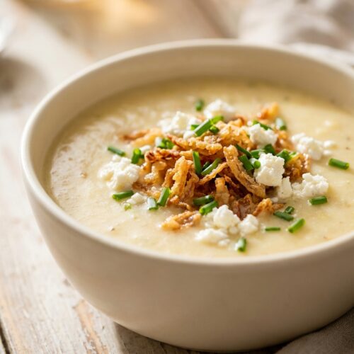 Cremige Kartoffelsuppe mit Röstzwiebeln
