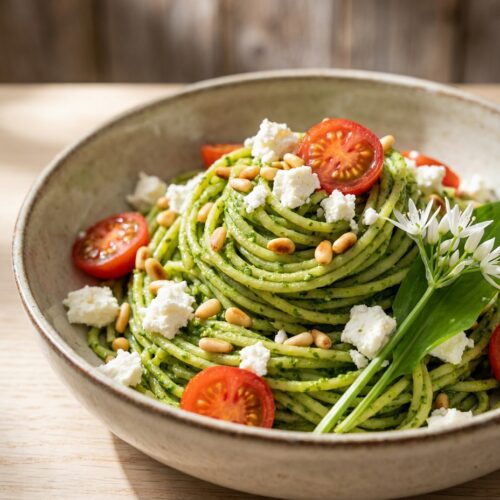 Bärlauch-Pesto-Pasta mit Pinienkernen und Feta