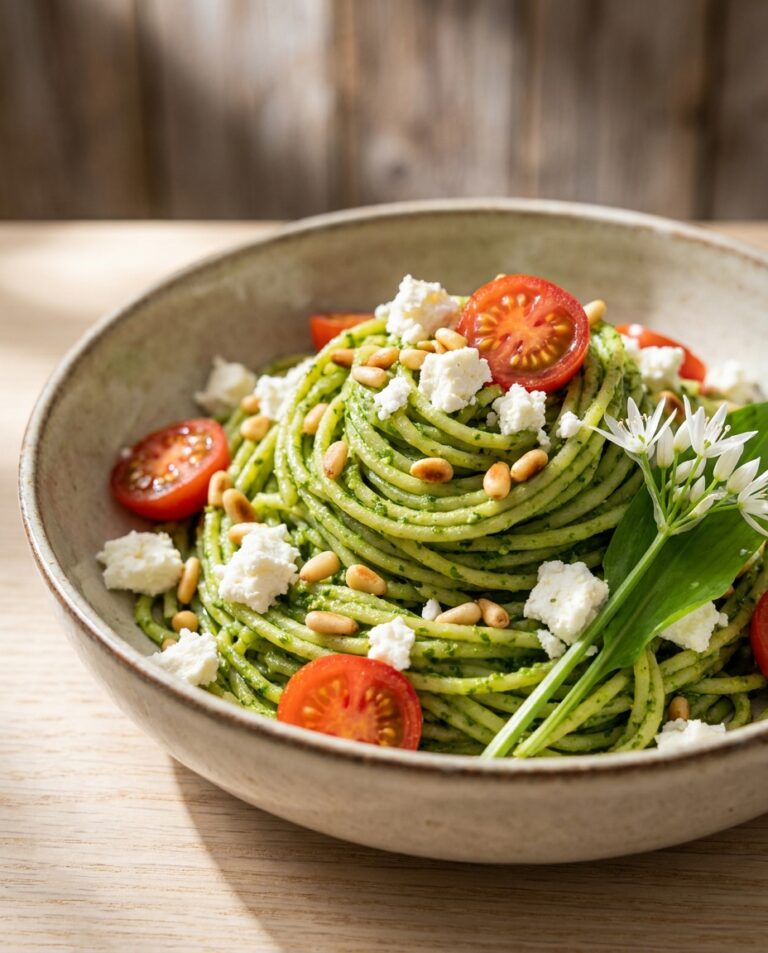 Bärlauch-Pesto-Pasta mit Pinienkernen und Feta