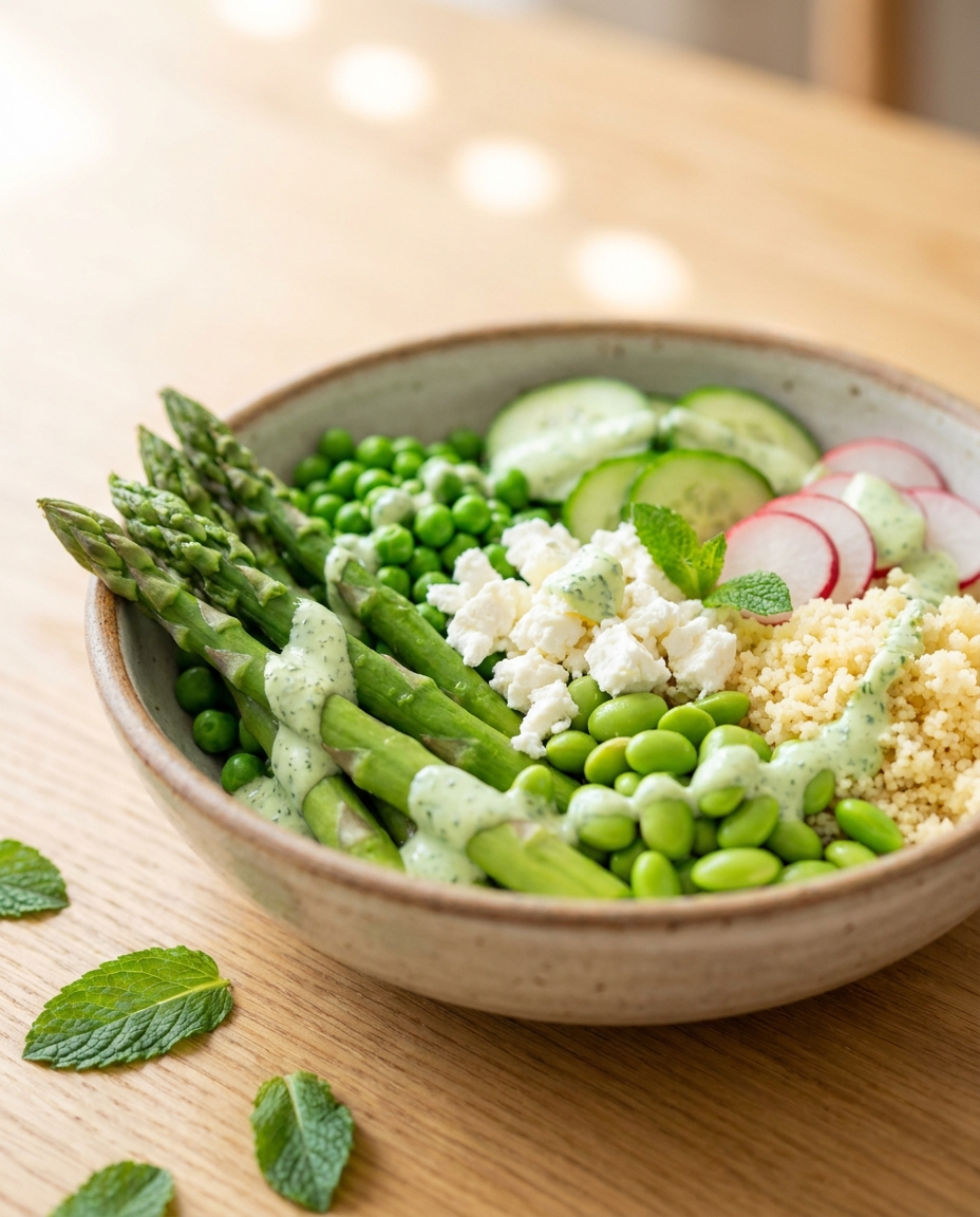 Frühlings-Bowl mit Spargel, Erbsen und Minz-Dressing
