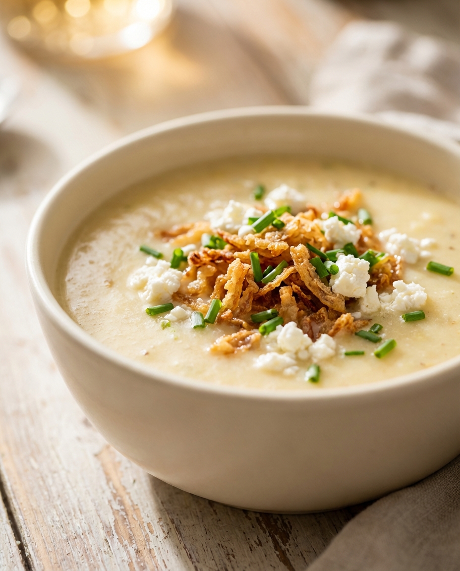 Cremige Kartoffelsuppe mit Röstzwiebeln