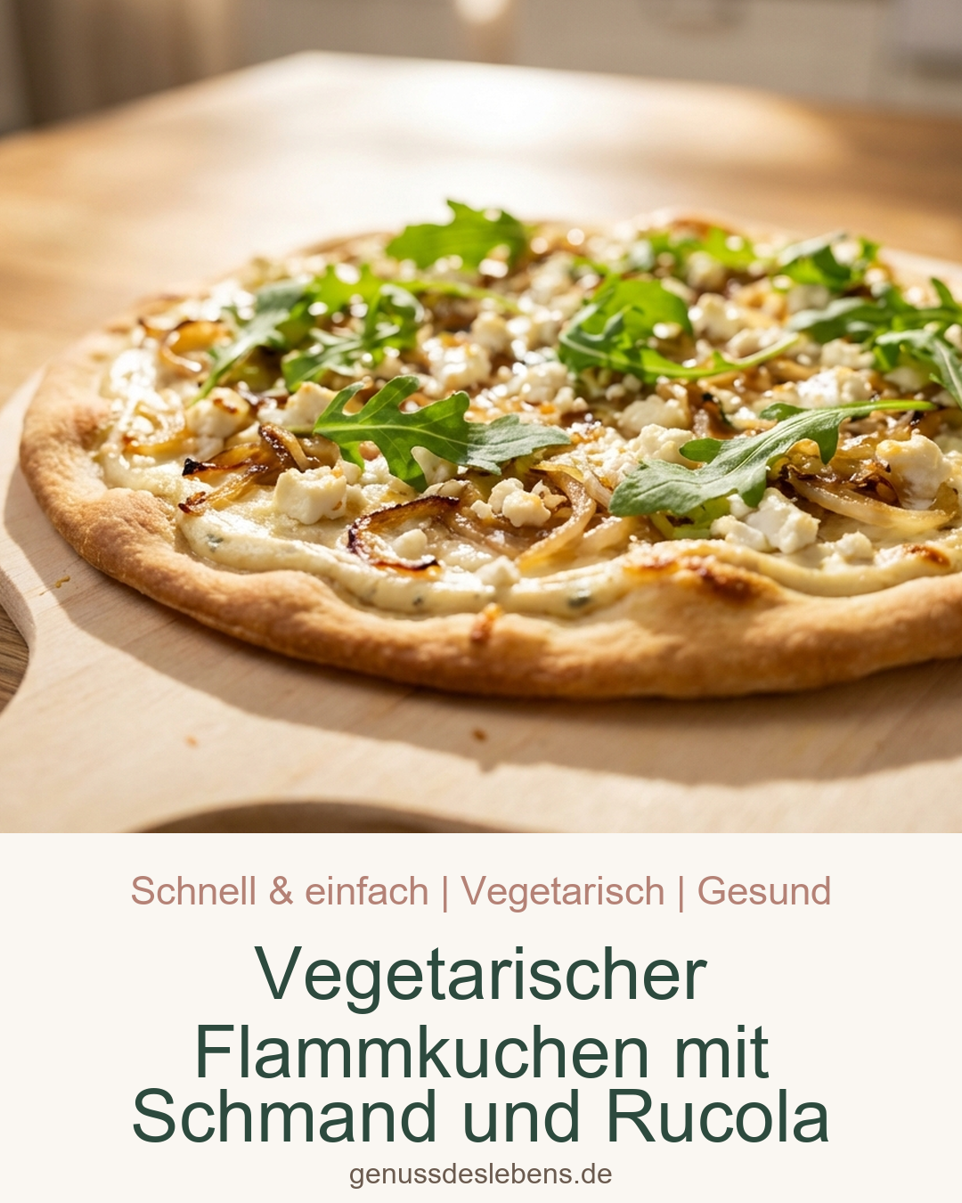 Vegetarischer Flammkuchen mit Schmand und Rucola - Pin für Pinterest