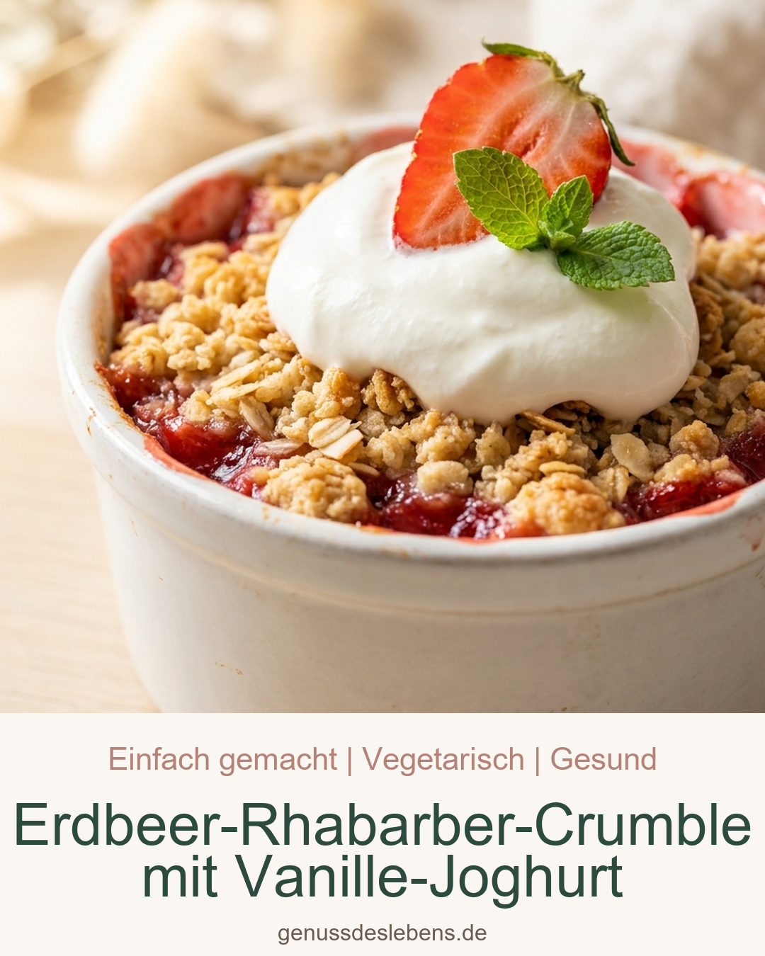 Erdbeer-Rhabarber-Crumble mit Vanille-Joghurt - Pin für Pinterest