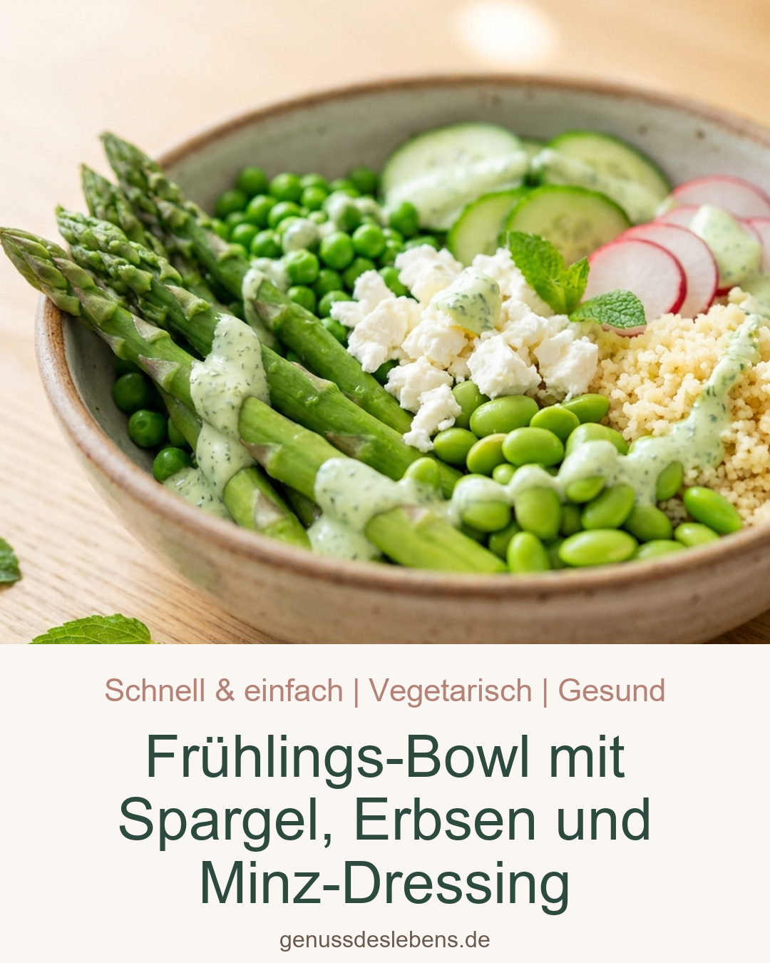 Frühlings-Bowl mit Spargel, Erbsen und Minz-Dressing - Pin für Pinterest