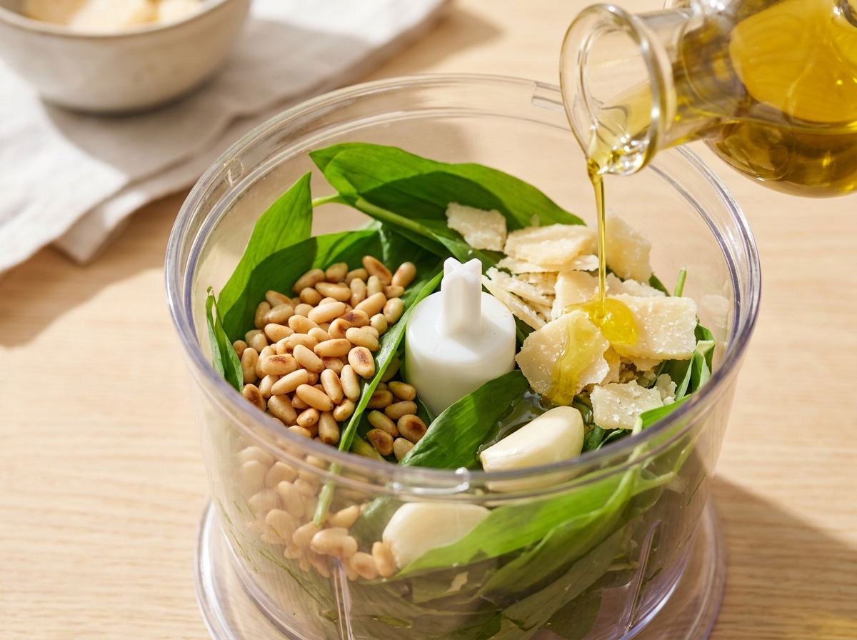 Bärlauch-Pesto-Pasta mit Pinienkernen und Feta Zubereitung