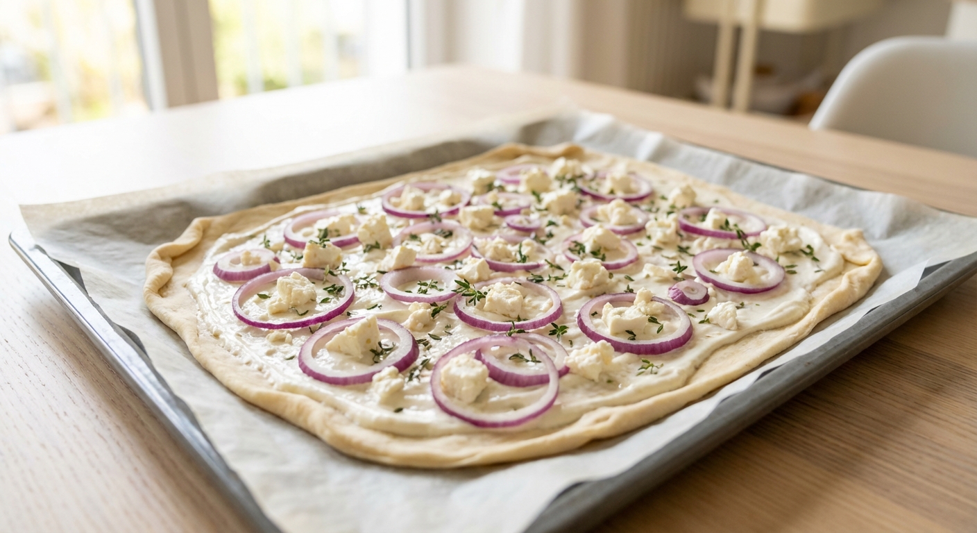 Vegetarischer Flammkuchen mit Schmand und Rucola Zubereitung