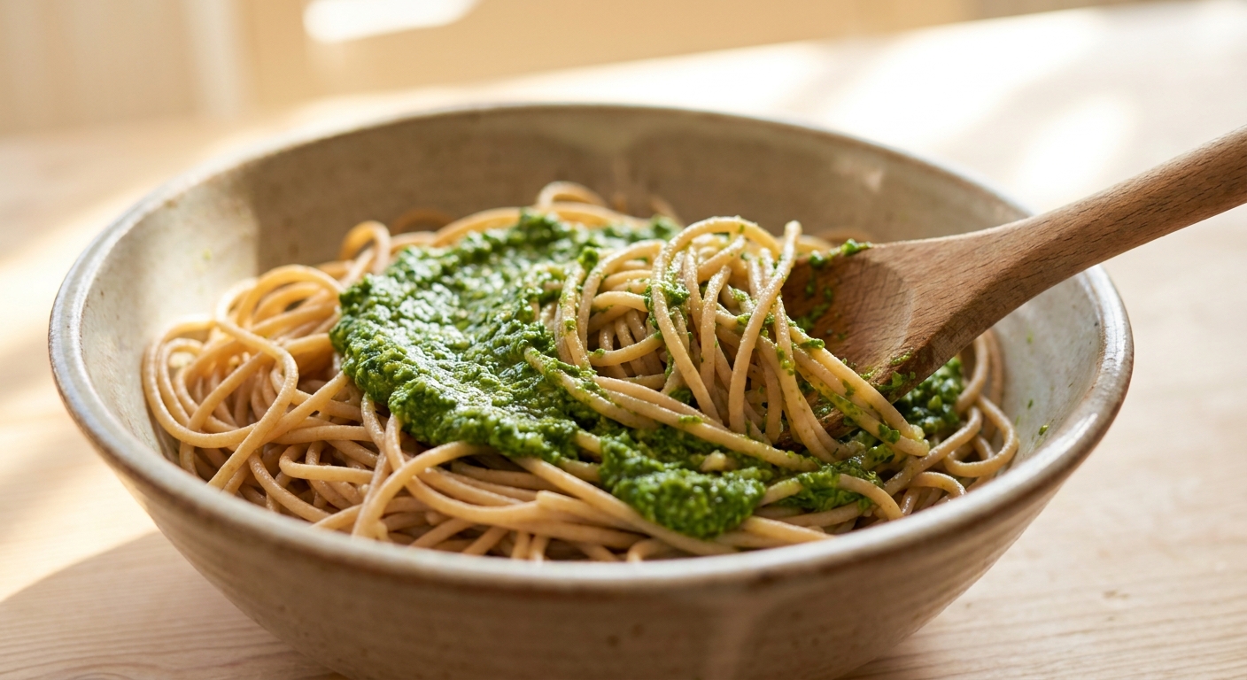 Bärlauch-Pesto-Pasta mit Pinienkernen und Feta Zubereitung