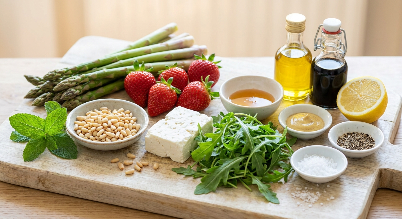 Zutaten für Spargelsalat mit Erdbeeren und Feta