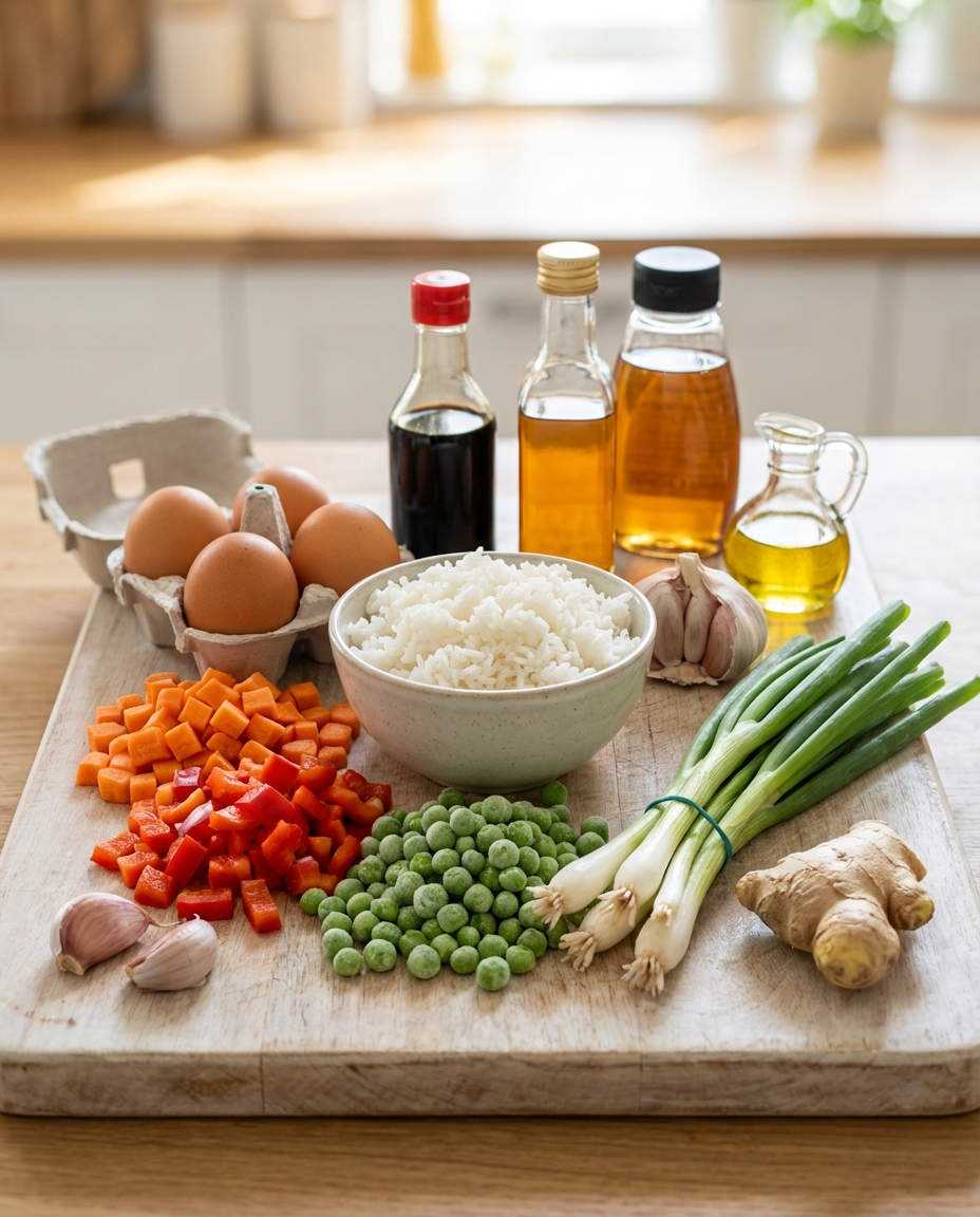 Zutaten für Veggie Fried Rice mit Ei und Gemüse