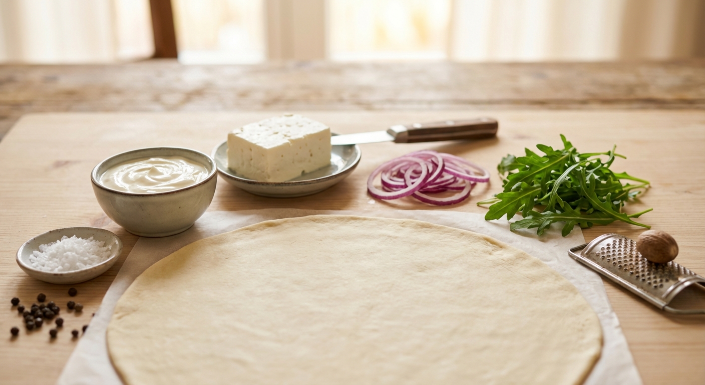 Zutaten für Vegetarischer Flammkuchen mit Schmand und Rucola