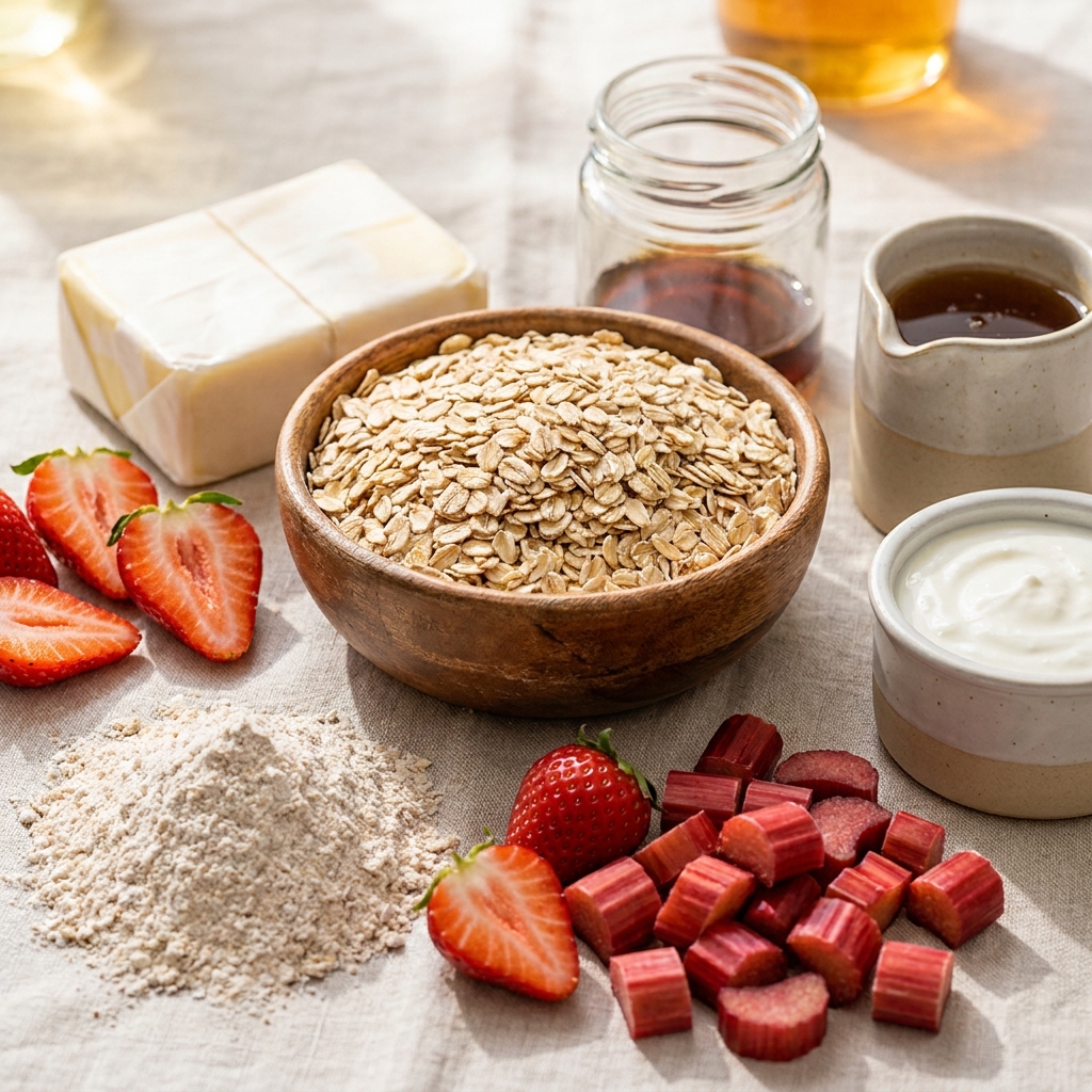 Zutaten für Erdbeer-Rhabarber-Crumble mit Vanille-Joghurt