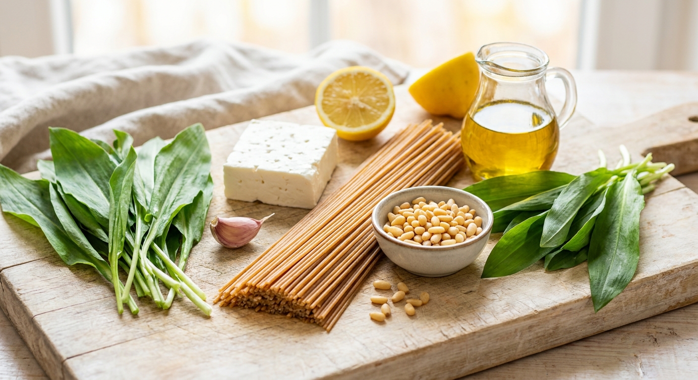 Zutaten für Bärlauch-Pesto-Pasta mit Pinienkernen und Feta