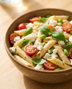 Cremiger Caprese-Pasta-Salat mit Feta und Edamame