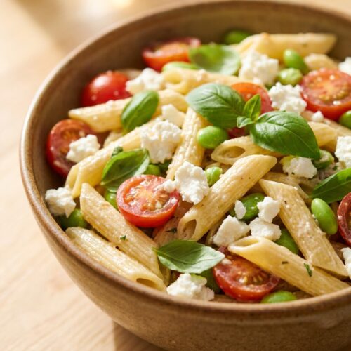 Cremiger Caprese-Pasta-Salat mit Feta und Edamame
