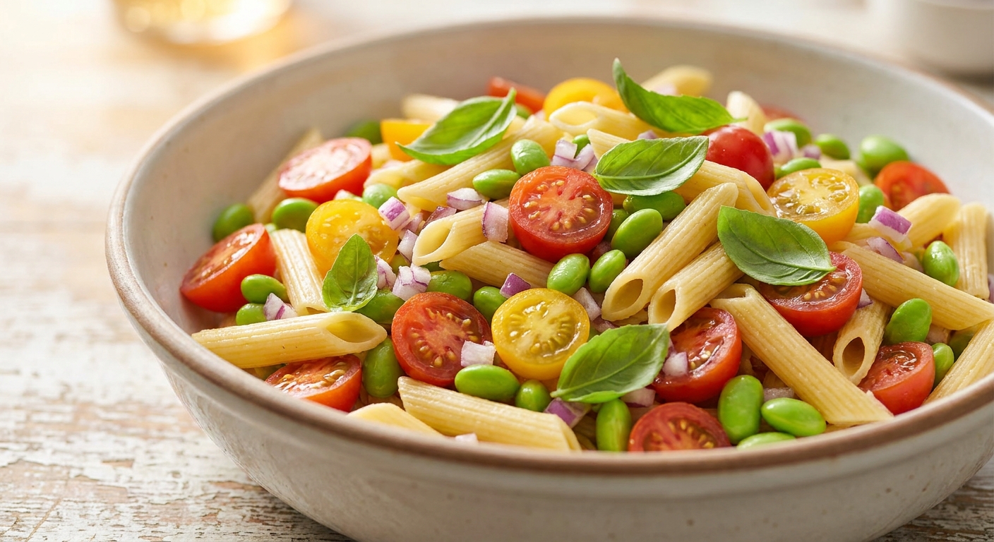 Cremiger Caprese-Pasta-Salat mit Feta und Edamame Zubereitung