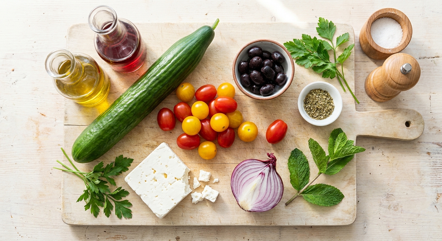 Zutaten für Frischer Gurken-Tomaten-Feta-Salat
