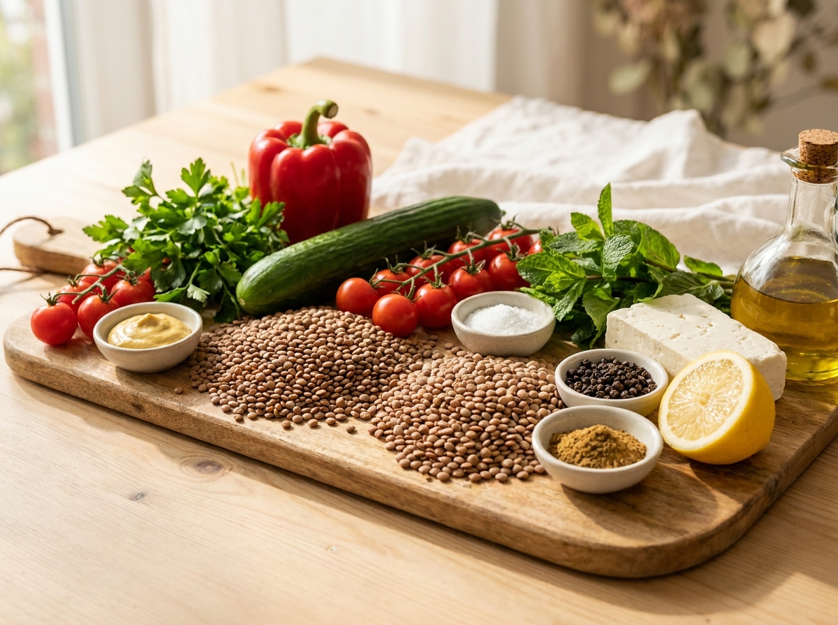 Zutaten für Linsen-Feta-Salat mit Kraeutern