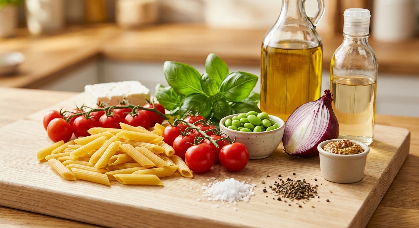 Zutaten für Cremiger Caprese-Pasta-Salat mit Feta und Edamame
