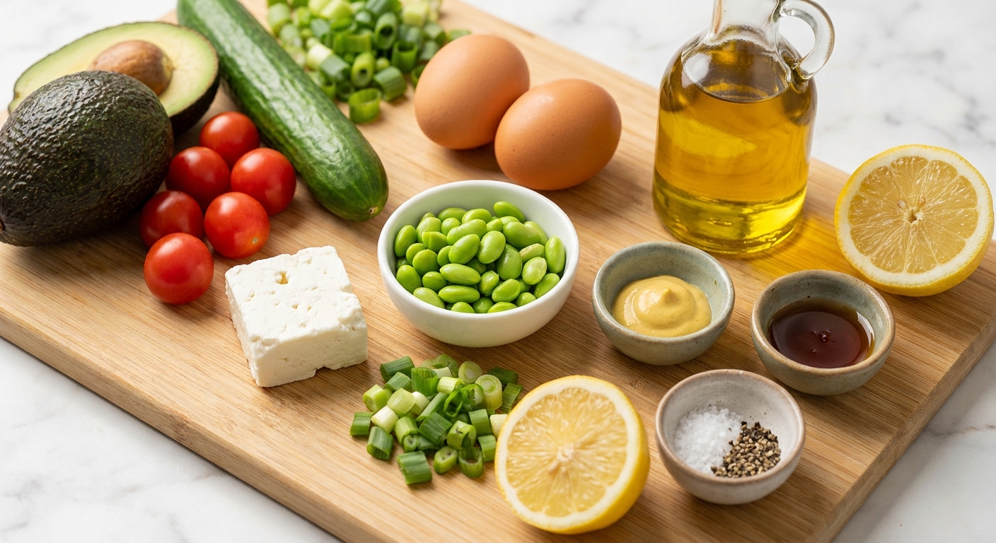 Zutaten für Edamame-Avocado-Salat mit Ei