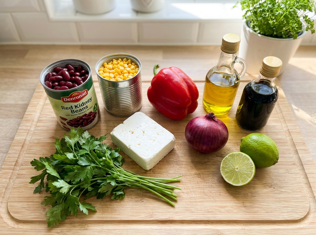 Zutaten für Bohnen-Mais-Salat mit Feta