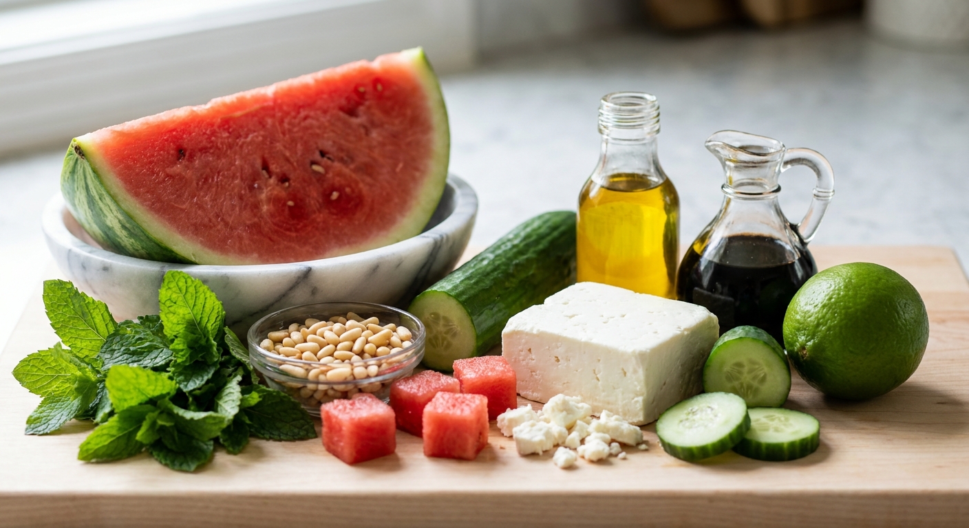 Zutaten für Wassermelonen-Feta-Salat mit Minze – Dein leichtes Sommergericht!