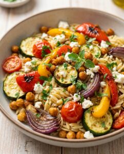 Mediterrane Orzo-Bowl mit Ofengemüse und Feta