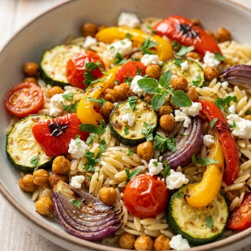 Mediterrane Orzo-Bowl mit Ofengemüse und Feta